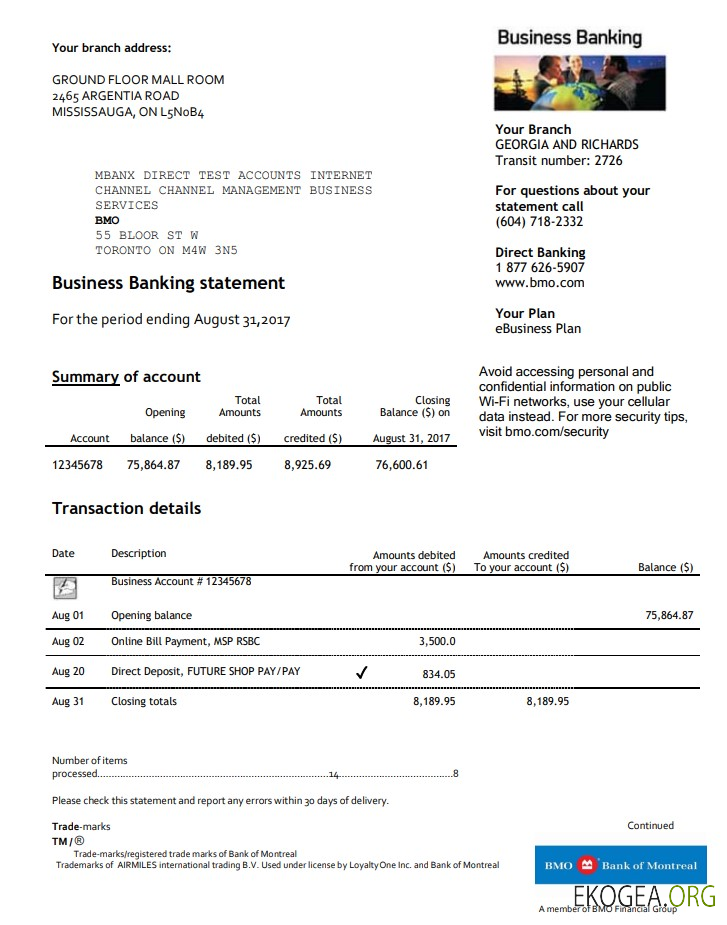 Modèle de relevé de preuve d'adresse bancaire de BMO Banque de Montréal aux formats Word et PDF